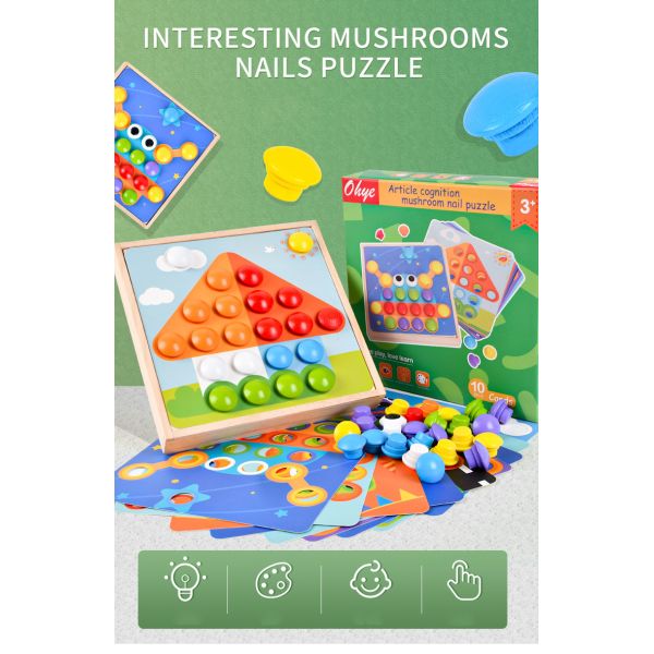 Children Wood Baby Developmental Toys Particle Button Puzzle Mushroom Nail Cartoon
