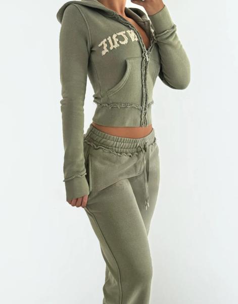 Trajes de ginástica de lavagem com ácido bordados personalizados para mulheres 100% algodão calças de tênis e capuz