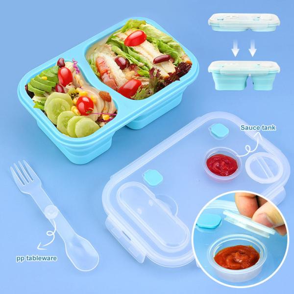 Silicone 3 Sections Bento Lunch Box Collapsible With Spork