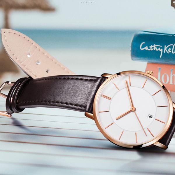 Ultra Thin Quartz Dress Watch Leather Simple Large Dial for Business Men