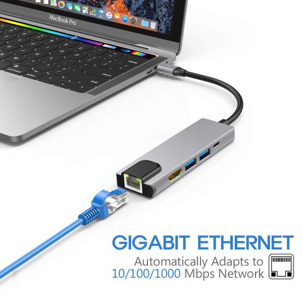 PD3.0 USB C HUBs Multiport Adapter 5 In 1 3.1 USB C To Rj45 Connector HDMI 30hz