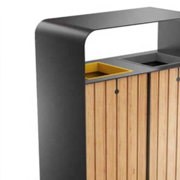 Contemporary Outdoor Wooden Garbage Bin 2 Compartments Recycling Bin Public Dustbin