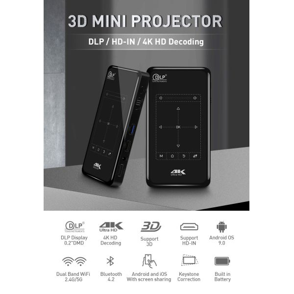FLYIN P-09II Professional 4K Mini Projector DLP LED Lamp Projecteur Remote Control Stereo WiFi-Smart Home Portable Proyector