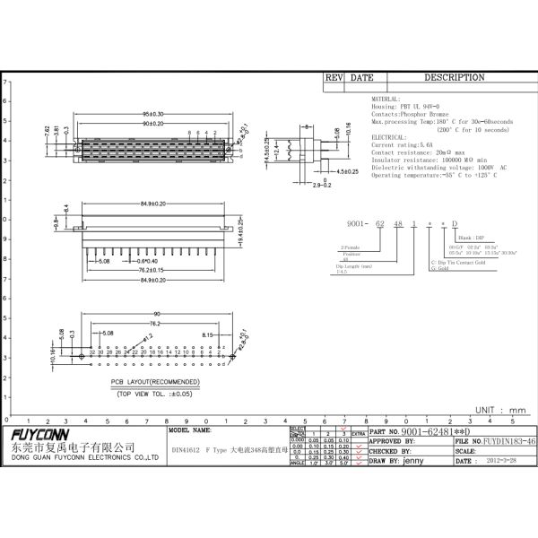 Женская мощность DIN41612 соединитель PCB вертикальный 3 * 16pin 48Pin 5.08mm пич соединитель Китай