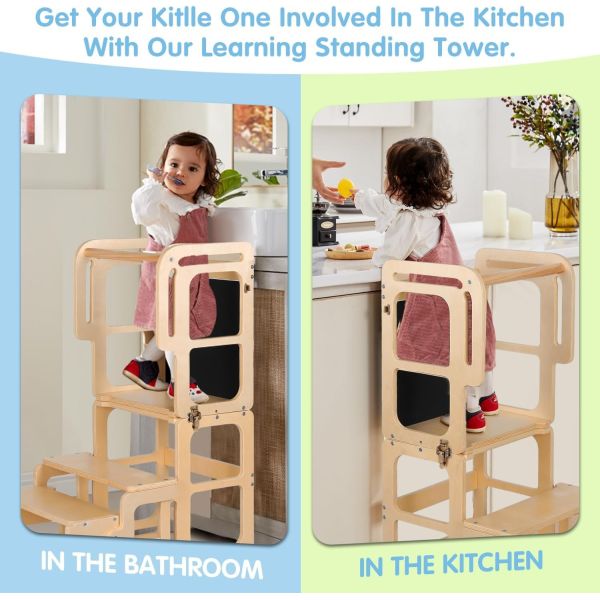 Montessori Foldable Learning Wooden Tower Adjustable Kitchen Step Stool for Toddlers