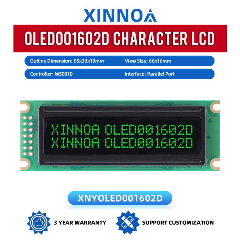 OLED001602D Black Film, 16x2 Character OLED LCD Display, WS0010 Controller, Parallel Port, 85x30x10mm Outline Dimension,
Working Temperature -40+80 Display