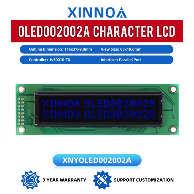 OLED002002A Character LCD Module, Black Film, Parallel Interface, 85x18.6mm View Size,  WS0010-TX Controller