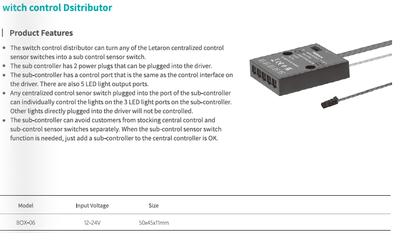 Sub-Control Switch Splitter BOX-06 12-24V Convert Central Control to Sub Control for Cabinet Lights