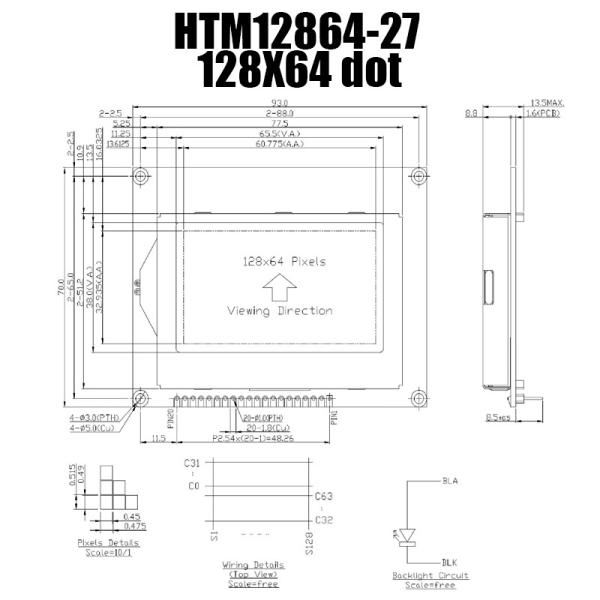módulo ST7565R de 128X64 20 PIN Graphic LCD com luminoso branco