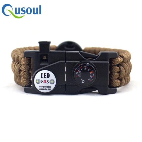 New design Survival Rope Bracelet With Thermometer, SOS Led light, firestar, compass,whistle,card tools, Outdoor Sport