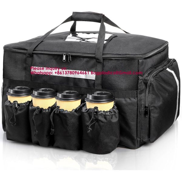 Insulated Food Delivery Bag With 4 Cup Holders/Drink Carriers, Large Catering Thermal Bag, Pizza Warmer Carrying Case, Insulated Hot & Cooler Bags For Beverages, Grocery, Food Transport