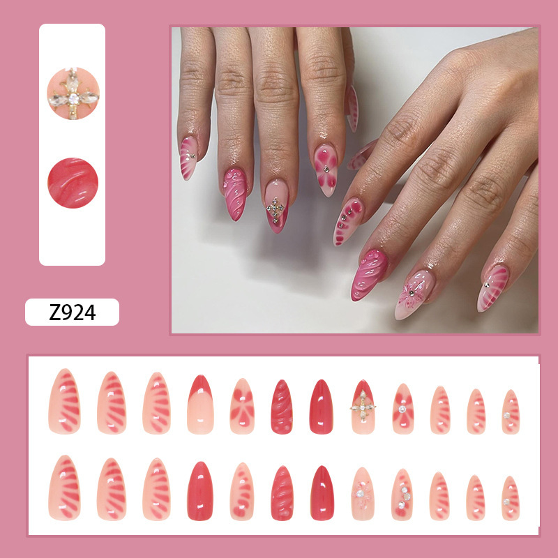 24pcs 3D Effect Rhinestone Press On Nails Almond Flower False Nails