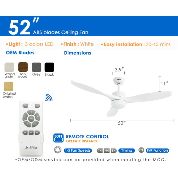 Fã de teto branco do diodo emissor de luz de 3 lâminas plásticas, fã de teto impermeável com o motor leve da C.C.