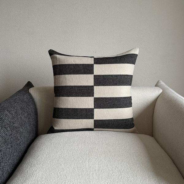 Reversible Black White Striped Throw Pillow with 55% Linen 45% Viscose Cover and 100% Feather Filling