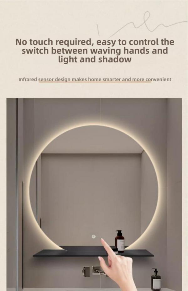 Modern Round LED Bathroom Mirror Storage Shelf Integrated Touch Switch IP44 Rated for Hotels Apartments Compact Toilets Vanities