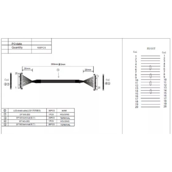 0.3mm LVDS Wire Harness 30AWG 20 Pin Cable Laptop Screen