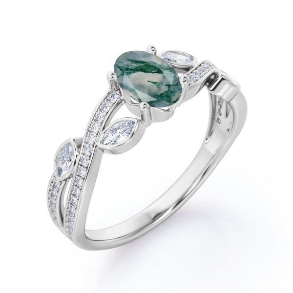 Кроссовер над форменным непрозрачным Milky обручальным кольцом агата мха зеленым в филигранном обручальном кольце 18K