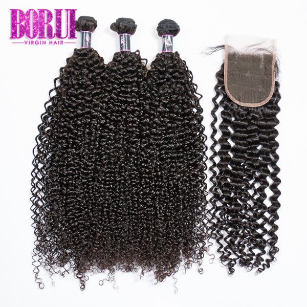 Brazilian Afro Kinky Curly Human Hair Weave Bundles With Closure 4Bundles Deals