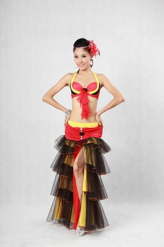 Ruffles Belly Dancing Outfits 3 Tones 4 Tiered Pleated Tulle Side Slit Maxi Skirt