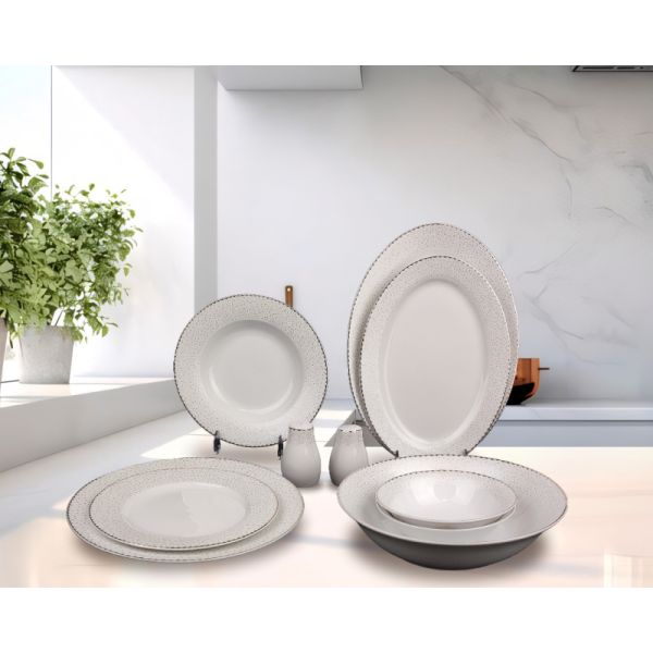 35pcs superwhite porcelain dinning set  with blue embossed flower and gold patterm