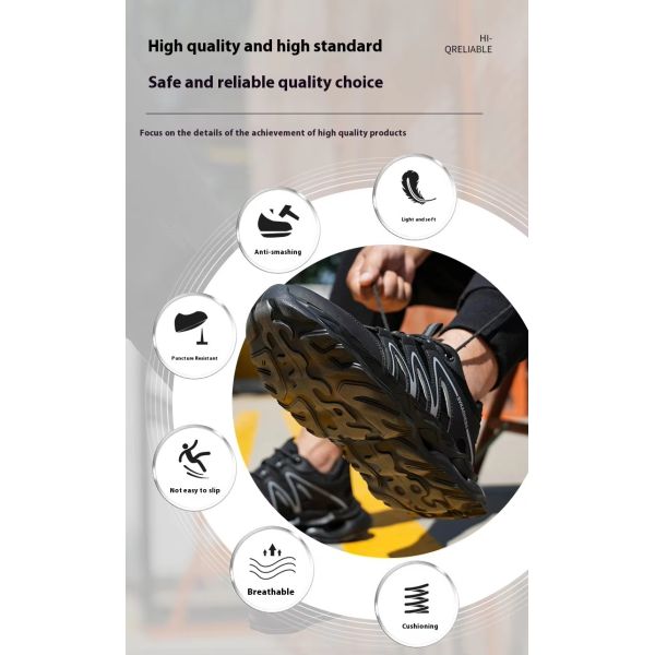 Breathable Microfiber Leather Mesh Safety Shoes With Kevlar Anti-stab Steel Toe And EVA Sole In Black