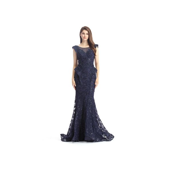 Navy Blue Beaded Mermaid Middle Eastern Evening Dresses Sleeveless For Woman