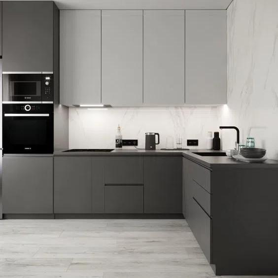 Armários de cozinha de estilo moderno em forma de L Armários de cozinha personalizados de melamina de aço inoxidável Armários de madeira Cozinha com lavatório