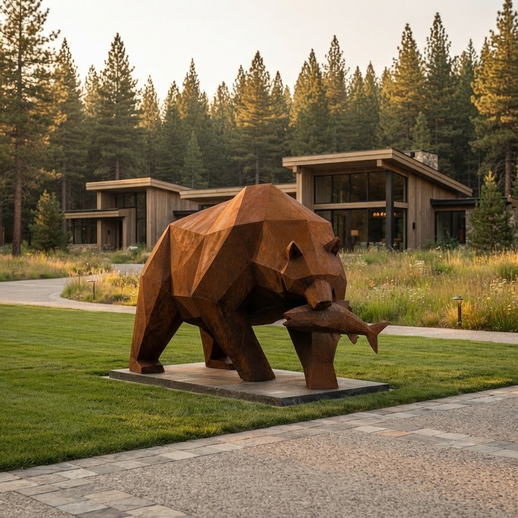 Large Corten Steel Grizzly Bear Sculpture Low Poly Geometric Bear With Fish Statue Outdoor Garden Decor Rusted Metal Lawn Art