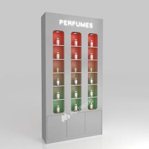 省スペースのショップディスプレイとファッショナブルな店舗内装デザインのための、スキンケアショップの棚、グレーの木製ラミネートディスプレイキャビネット
