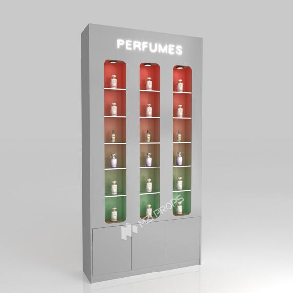 Skincare Shop Shelf Grey Wooden Laminated Display Cabinet For Space-Saving Shop Display And Fashion-Forward Store Interior Design