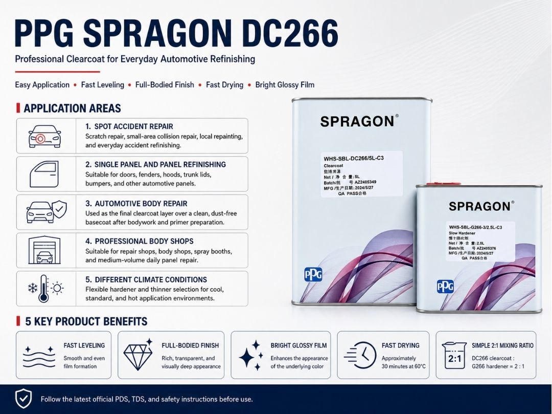 PPG SPRAGON DC266 Automotive Refinishing Clear Coat G266 Hardener Glossy Fast-Drying for Spot Panel Repairs