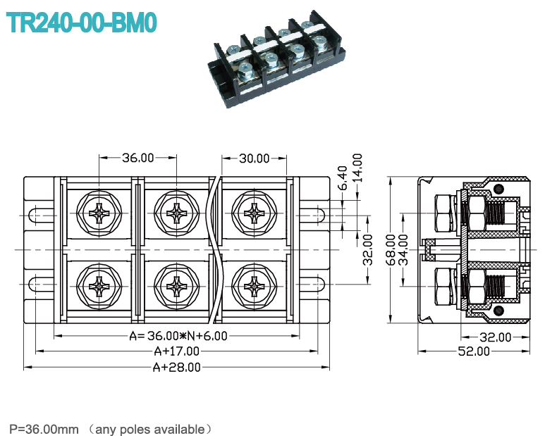 чернота большого тока терминального блока винта держателя pcb тангажа 600V 240A 36.00mm
