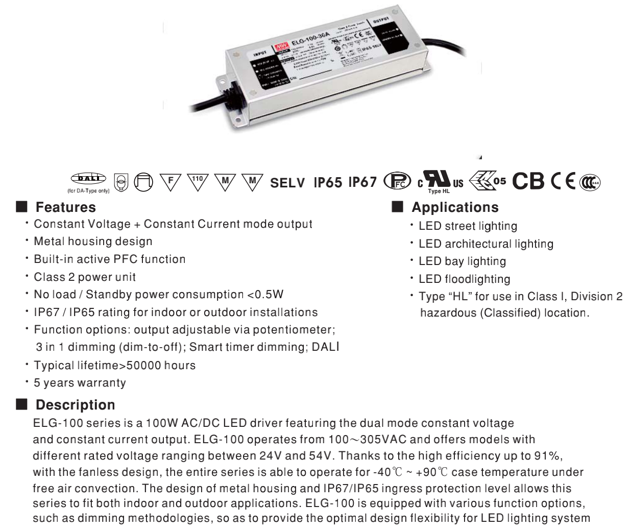 водитель электропитания IP65 Meanwell 36V ELG 100W постоянн настоящий