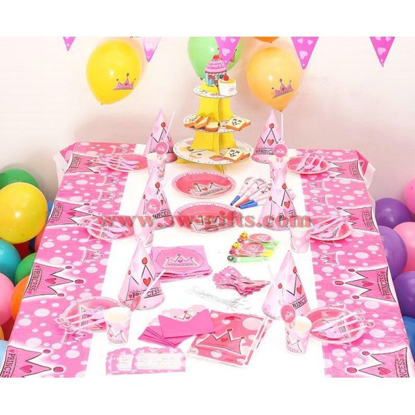 Princess Crown Theme cup plate horn knife napkin tblecover for Kids Birthday Party Supplies set 6people use