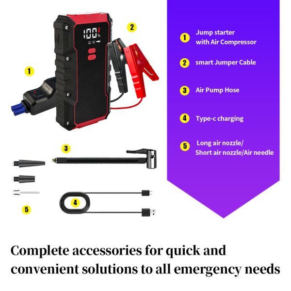 16000mAh 6-in-1 Portable Car Jump Starter with Air Compressor, 150PSI Tire Inflator, Power Bank and LED Flashlight for 12V Vehicles