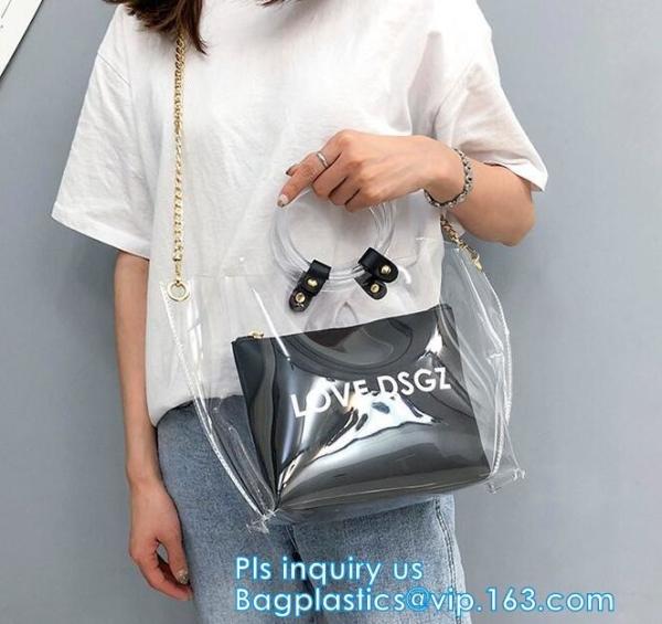 fashion women's handbag tote bag with zipper shopping bag ladies handbag shiny durable clear PVC lady bag with pouch