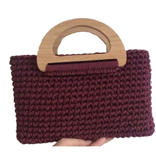 Natural Hemp Rope Crochet Hand Bag Woven With Wooden Handle OEM