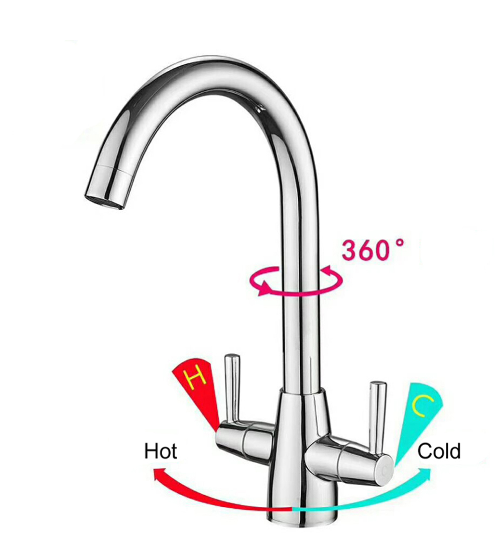 Brass Kitchen Faucet with Two Handles Half Turn Brass Cartridge and Two Stainless Steel Flexible Hoses for Kitchen Sink
