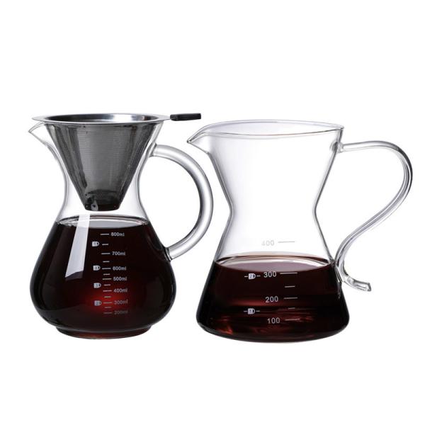 B2B Custom 400ml Glass Pour Over Coffee Brewer|Stainless Steel Filter&Wood Sleeve|Camping Brewing Pot
