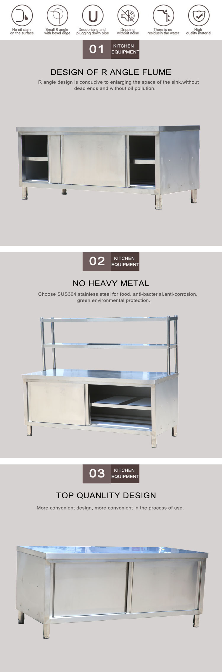 Customized Size Stainless Steel 201/304 Work Table with Sliding Doors for Commercial Kitchen Storage