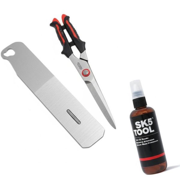 Les lames en acier à haute teneur en carbone SK5 des ciseaux de quincaillerie SB101 et l'huile pour outils. Un entretien régulier des lames prolonge leur performance.
