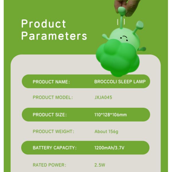 Cute dessin animé brocoli pour accompagner les enfants à dormir lumière de nuit de silicone lampe de lit rechargeable légumes