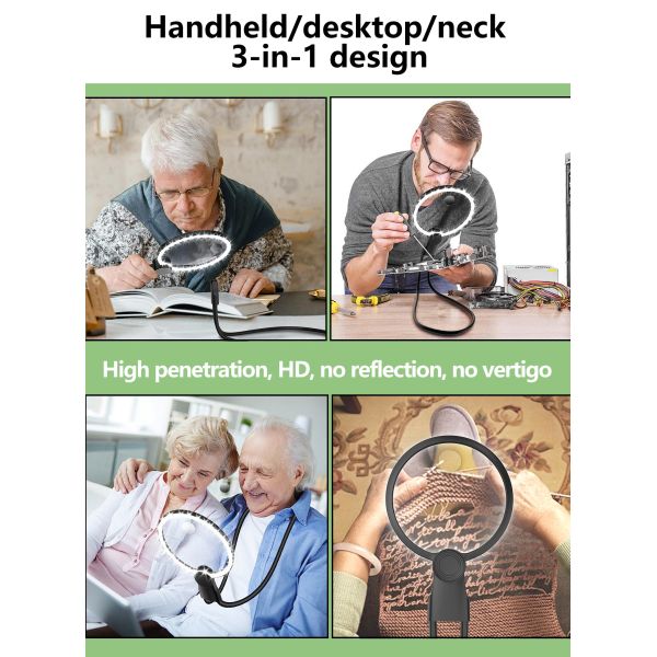 Hands-Free Neck Magnifier with 130 mm Large Bright LED Light for Seniors & Low Vision Flexible for  Sewing Reading Light