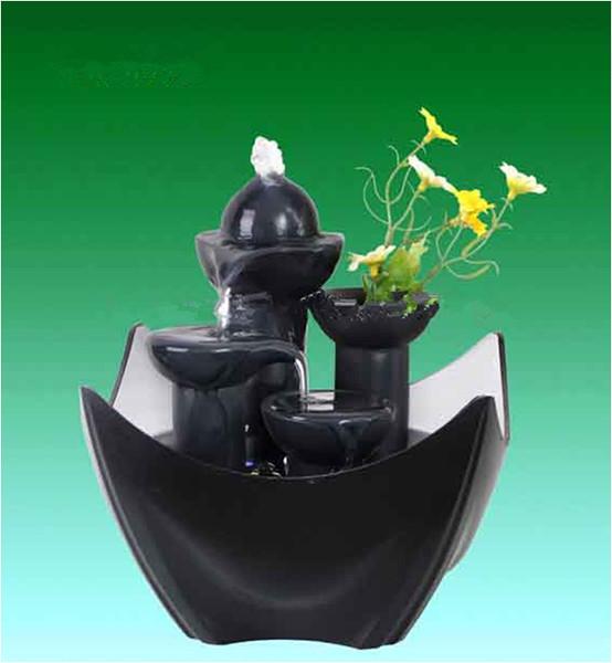 Black Tiered Battery Operated Resin Garden Fountains With Flower Pot