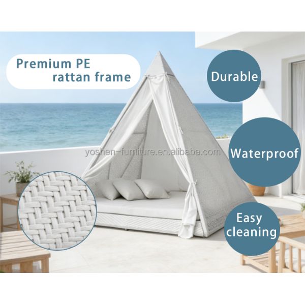 Triangular Patio Cabana With Curtain Wicker Plastic Canopy Sunbed Backyard Rattan UV Resist Day Bed