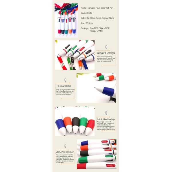Cuatro colores bolígrafo de 0,7 mm conveniente manual de pluma con cuerda colgante