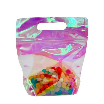 Custom Pink Radiant Holographic Color Stand Up Bags with Zipper and Handle Hole for Food Accessories Packaging