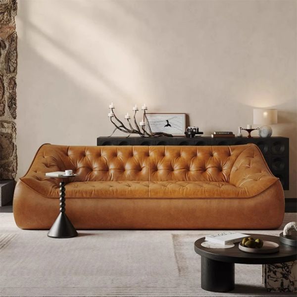 Vintage Brown Leather Couch Set Pine Wood Frame Leisure Sofa Sectional for Villa