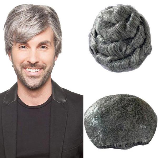 Homens heterossexuais Toupee Cabelo humano Perucas reais 100% cinza Full PU pele fina