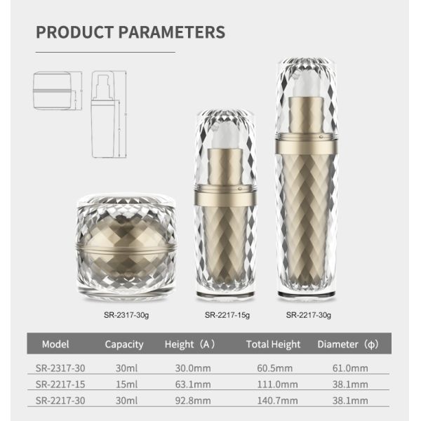 garrafa vazia e frasco de 15ml 30ml Diamond Acrylic Transparent Lotion Cream